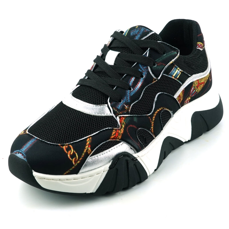 The FI-2404 Black Sneaker Encore by Fiesso is a casual shoe that combines fashion comfort with style. It features a colorful graphic pattern crafted from micro leather, complemented by a white and black sole and black laces. This standout sneaker by the brand Fiesso is perfect for those looking to make a statement.