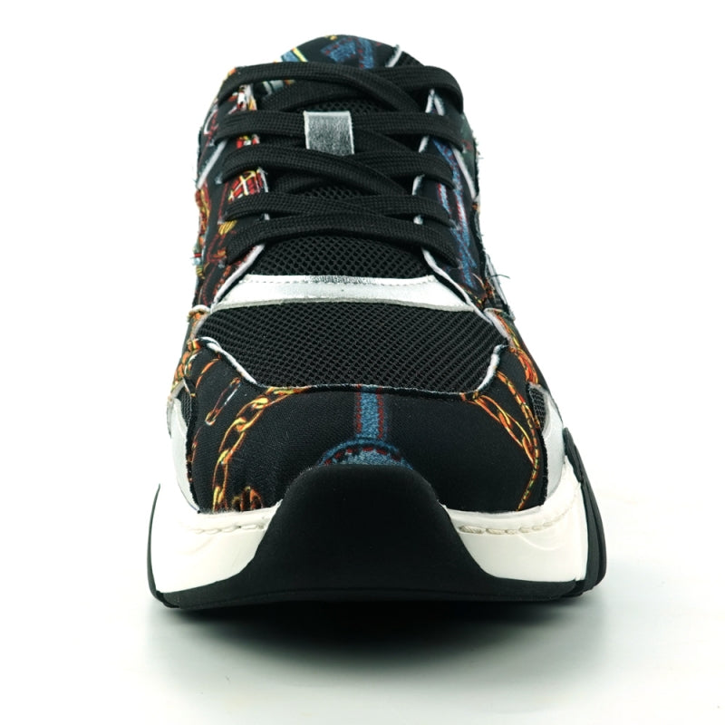 The FI-2404 Black Sneaker Encore by Fiesso is a casual shoe that combines fashion comfort with style. It features a colorful graphic pattern crafted from micro leather, complemented by a white and black sole and black laces. This standout sneaker by the brand Fiesso is perfect for those looking to make a statement.