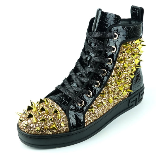 The FI-2369 Black Gold Spikes High Top Sneakers from Fiesso showcase a bold design with shiny spikes and a textured pattern, giving an edgy flair to any outfit.