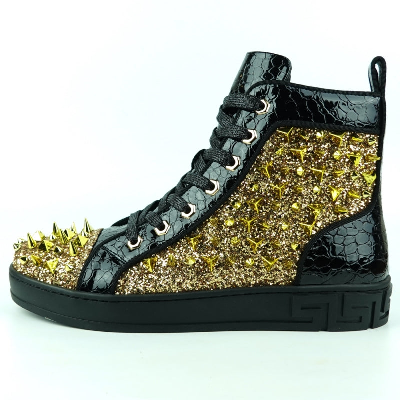 FI-2369 Black Gold Spikes High Top Sneakers