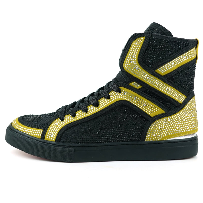 Introducing the FI-2402 Black Gold Rhinestones High Top Sneakers by Fiesso: These sleek black high-top sneakers for men feature a leather upper and gold accents. The design is completed with sparkling white rhinestones, black laces, and a stylish black sole.