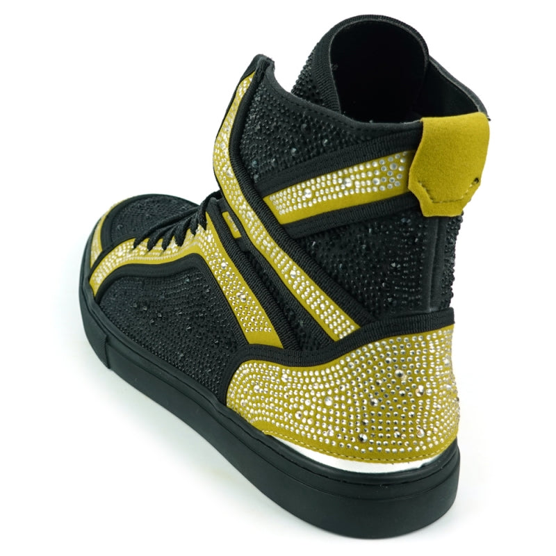 Introducing the FI-2402 Black Gold Rhinestones High Top Sneakers by Fiesso: These sleek black high-top sneakers for men feature a leather upper and gold accents. The design is completed with sparkling white rhinestones, black laces, and a stylish black sole.