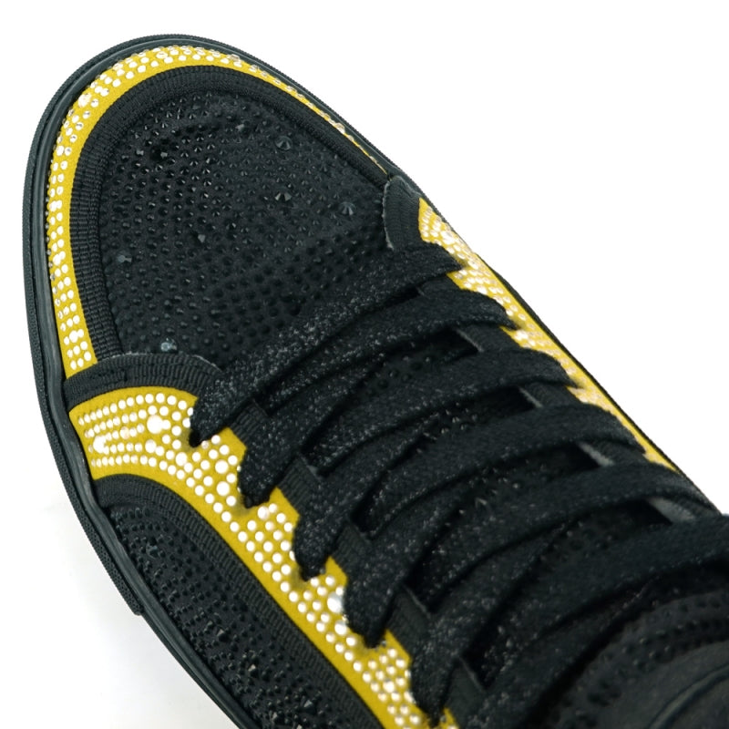 Introducing the FI-2402 Black Gold Rhinestones High Top Sneakers by Fiesso: These sleek black high-top sneakers for men feature a leather upper and gold accents. The design is completed with sparkling white rhinestones, black laces, and a stylish black sole.