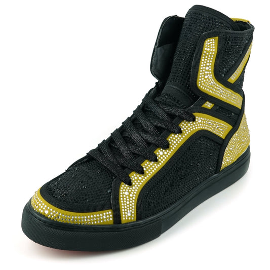 Introducing the FI-2402 Black Gold Rhinestones High Top Sneakers by Fiesso: These sleek black high-top sneakers for men feature a leather upper and gold accents. The design is completed with sparkling white rhinestones, black laces, and a stylish black sole.