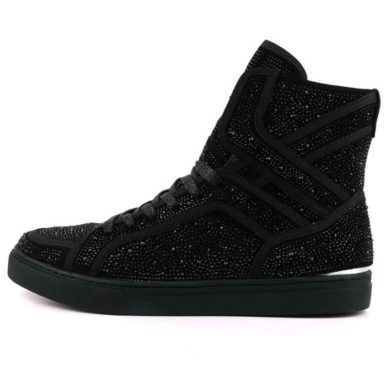 Introducing the FI-2402 Black Rhinestones High Top Sneakers by Fiesso. These stylish black high-tops feature a unique textured design with rhinestone embellishments and sleek black laces against a white background. Equipped with a cushioned insole, they ensure added comfort while enhancing your men's casual look.