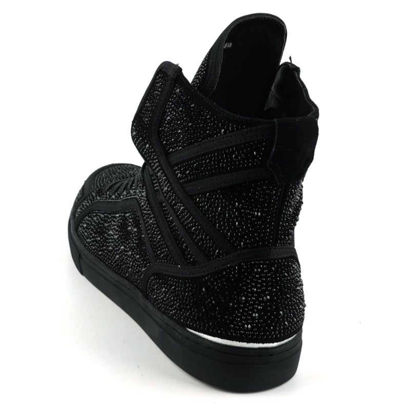 Introducing the FI-2402 Black Rhinestones High Top Sneakers by Fiesso. These stylish black high-tops feature a unique textured design with rhinestone embellishments and sleek black laces against a white background. Equipped with a cushioned insole, they ensure added comfort while enhancing your men's casual look.