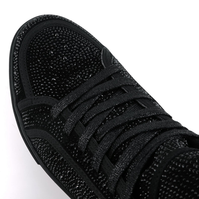 Introducing the FI-2402 Black Rhinestones High Top Sneakers by Fiesso. These stylish black high-tops feature a unique textured design with rhinestone embellishments and sleek black laces against a white background. Equipped with a cushioned insole, they ensure added comfort while enhancing your men's casual look.