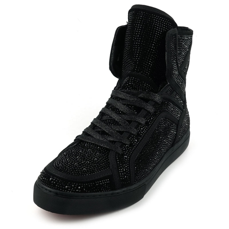 Introducing the FI-2402 Black Rhinestones High Top Sneakers by Fiesso. These stylish black high-tops feature a unique textured design with rhinestone embellishments and sleek black laces against a white background. Equipped with a cushioned insole, they ensure added comfort while enhancing your men's casual look.