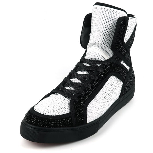 Introducing the FI-2402 Black White Rhinestones High Top Sneakers by Fiesso—a sleek high-top sneaker crafted from black and white mesh fabric, featuring black laces, a cushioned insole for added comfort, and a stylish black rubber sole.