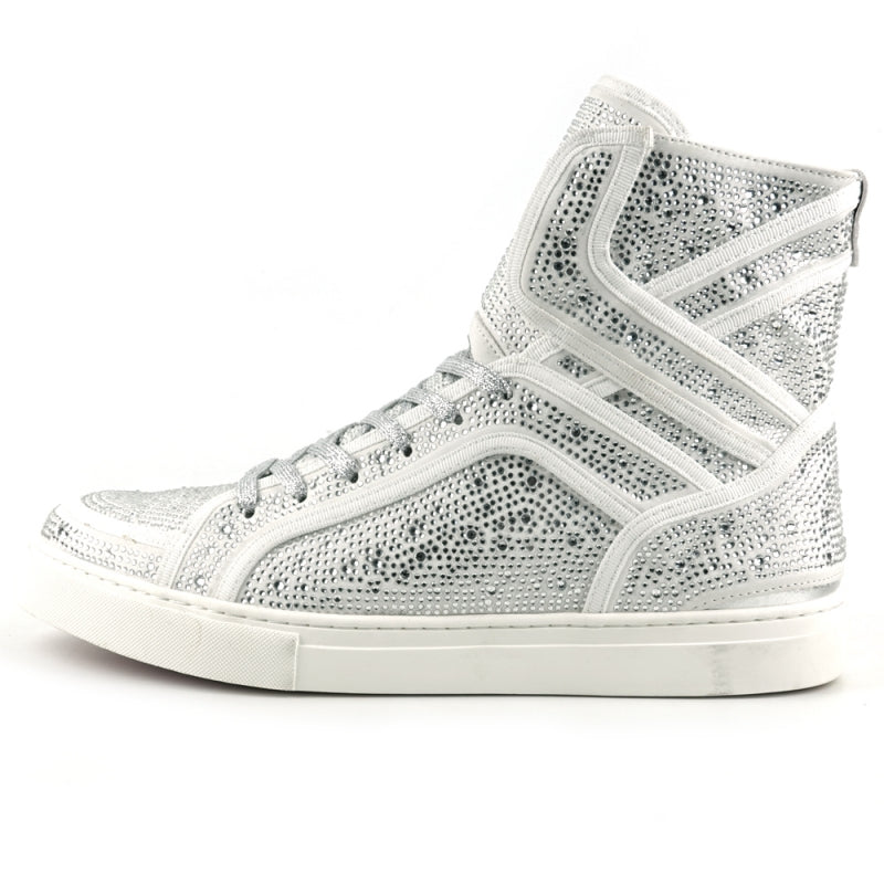 The FI-2402 White Rhinestones High Top Sneakers by Fiesso are a single high-top sneaker crafted with a leather upper, embellished in silver rhinestones, and featuring white laces along with a white sole—seamlessly blending casual footwear style with an element of glamour.