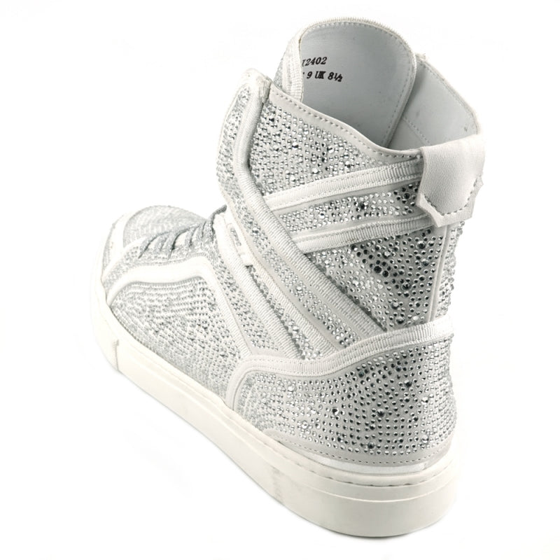 The FI-2402 White Rhinestones High Top Sneakers by Fiesso are a single high-top sneaker crafted with a leather upper, embellished in silver rhinestones, and featuring white laces along with a white sole—seamlessly blending casual footwear style with an element of glamour.