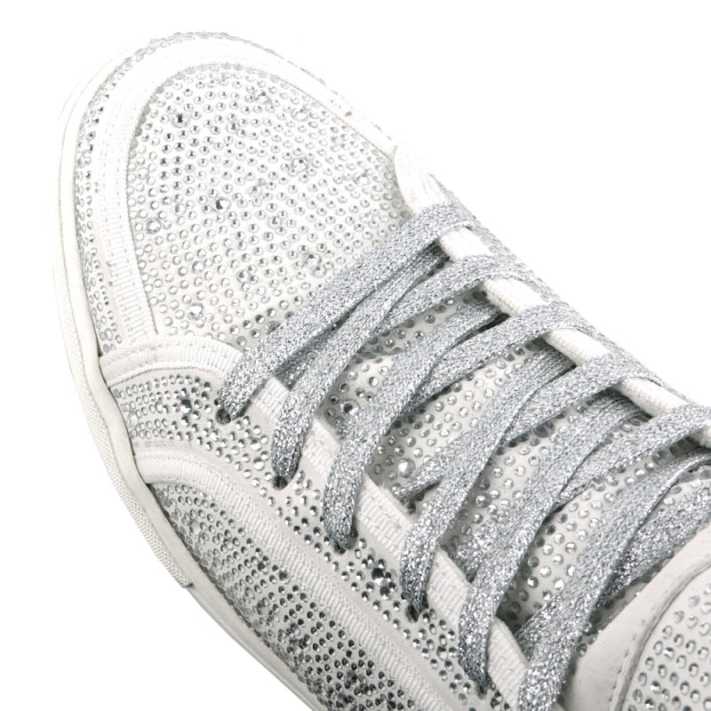 The FI-2402 White Rhinestones High Top Sneakers by Fiesso are a single high-top sneaker crafted with a leather upper, embellished in silver rhinestones, and featuring white laces along with a white sole—seamlessly blending casual footwear style with an element of glamour.