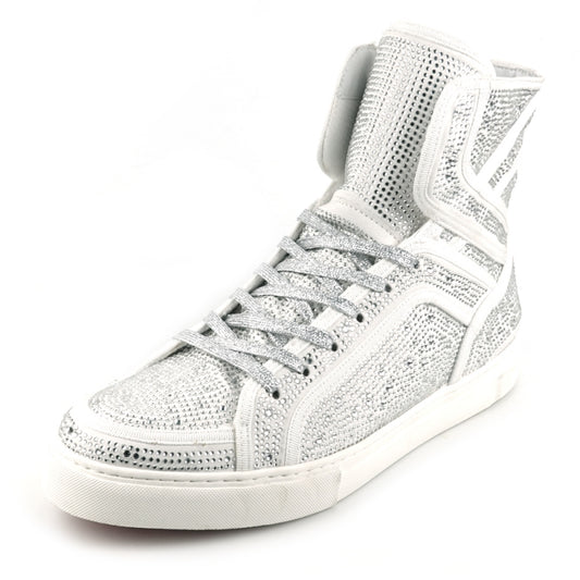 The FI-2402 White Rhinestones High Top Sneakers by Fiesso are a single high-top sneaker crafted with a leather upper, embellished in silver rhinestones, and featuring white laces along with a white sole—seamlessly blending casual footwear style with an element of glamour.