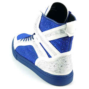 FI-2402 White Blue Rhinestones High Top Sneakers