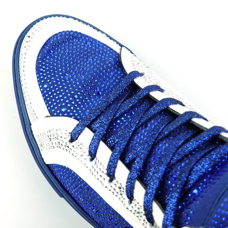 FI-2402 White Blue Rhinestones High Top Sneakers