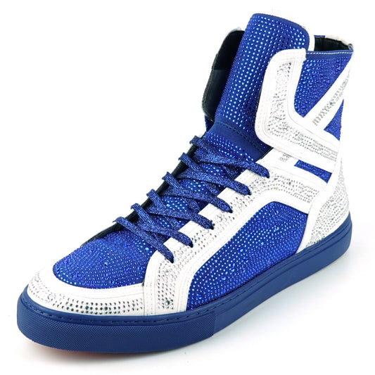 The FI-2402 White Blue Rhinestones High Top Sneakers by Fiesso showcase a striking combination of fashion and comfort with their blue and white design. Adorned with intricate patterns and textured detailing, these sneakers feature a stylish leather upper that stands out boldly against any plain background.