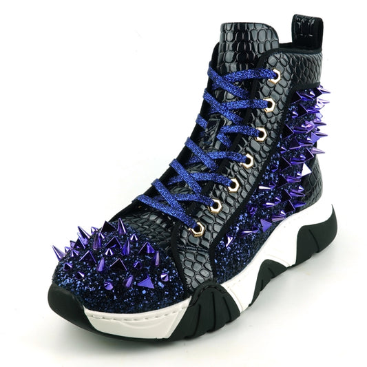 Introducing the FI-2405 Navy Spikes High Top Sneakers Encore by Fiesso, a striking black high top sneaker with a textured design. It features a glitter upper highlighted with purple accents and metallic spikes, all set on a thick white sole. This stylish men's casual footwear is ideal for those looking to make a bold fashion statement.