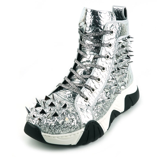 The FI-2405 Silver Spikes High Top Sneakers Encore by Fiesso are single silver men's high-top sneakers adorned with spikes and featuring a glittery upper. They come with black laces, thick black and white soles, and have a cushioned insole for added comfort.