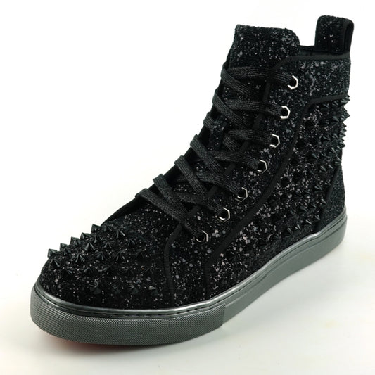 The FI-2409 Black Glitter Black Spikes Encore by Fiesso is a striking high-top sneaker that boasts spiked studs on the sides and toe. It is designed with black laces, a gray sole, and an attention-grabbing glitter upper for added glamour.