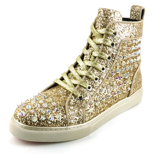 The FI-2409 Gold Glitter Black Spikes Encore by Fiesso is a high-top sneaker with a glittery gold upper accented by black spikes and rhinestones. It has striped laces, a cushioned insole for added comfort, and a sleek white sole.