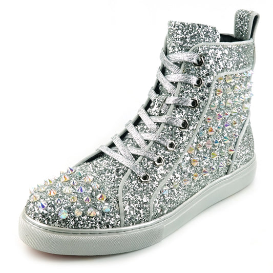 The FI-2409 Silver Glitter Black Spikes Encore by Fiesso is a striking high-top sneaker that shimmers with silver glitter and features eye-catching black spikes and rhinestones. It showcases a dazzling glitter upper, paired with fresh white laces and an immaculate white sole.