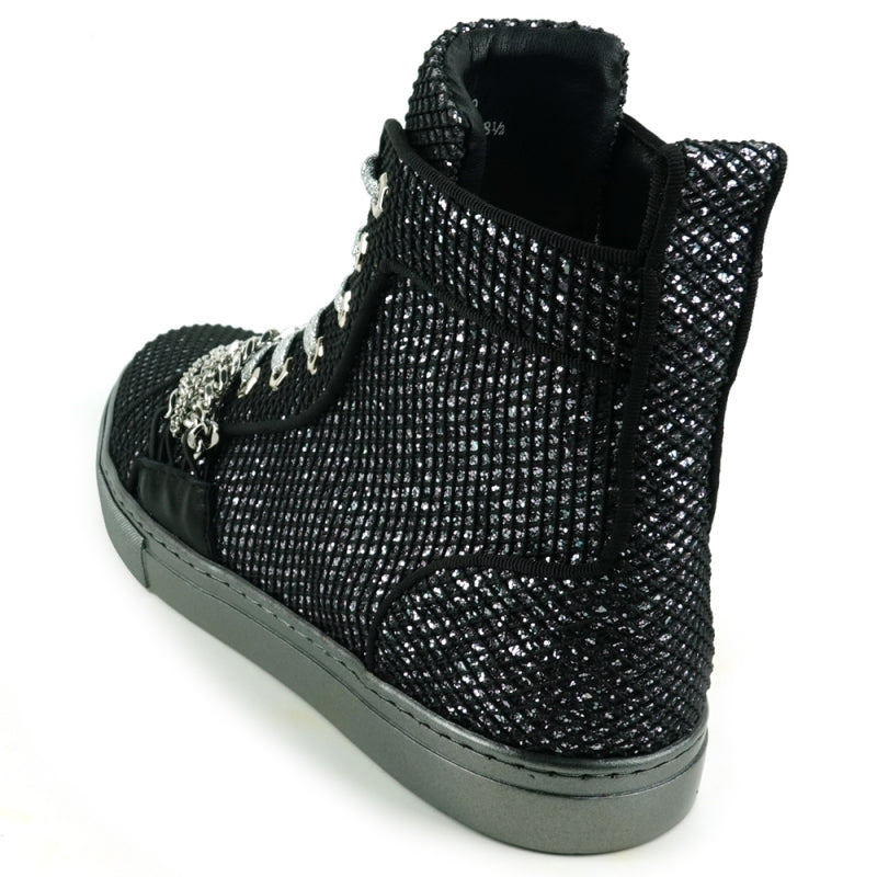 The FI-2410 Black Silver Chain High Top Sneaker Encore by Fiesso showcases a black glitter upper enhanced with shiny silver studs, decorative chains, and silver laces on a gray sole.