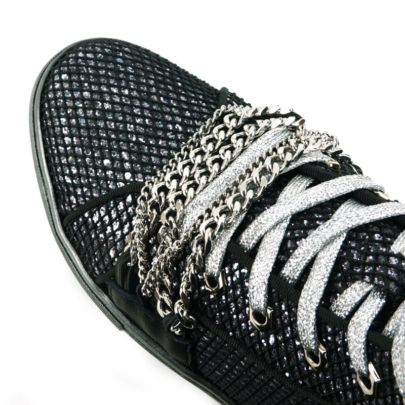 The FI-2410 Black Silver Chain High Top Sneaker Encore by Fiesso showcases a black glitter upper enhanced with shiny silver studs, decorative chains, and silver laces on a gray sole.