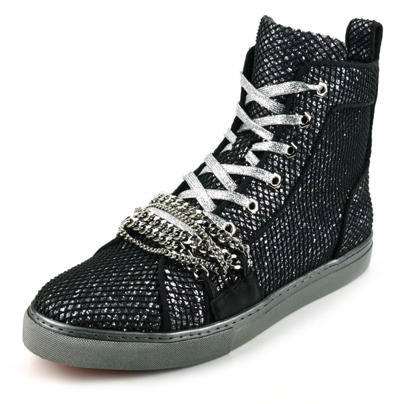 The FI-2410 Black Silver Chain High Top Sneaker Encore by Fiesso showcases a black glitter upper enhanced with shiny silver studs, decorative chains, and silver laces on a gray sole.