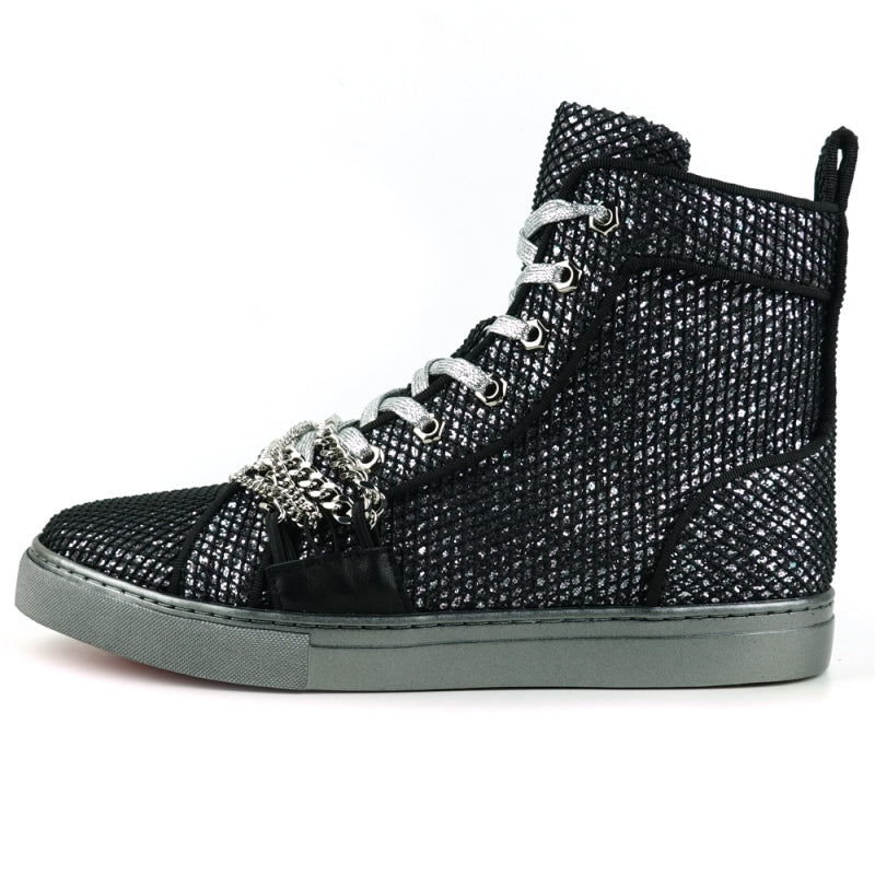 The FI-2410 Black Silver Chain High Top Sneaker Encore by Fiesso showcases a black glitter upper enhanced with shiny silver studs, decorative chains, and silver laces on a gray sole.