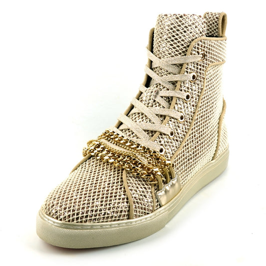 The FI-2410 White Gold Chain High Top Sneaker Encore by Fiesso offers a textured mesh surface in light beige, adorned with elegant gold chain accents across the front and equipped with a cushioned insole for enhanced comfort.