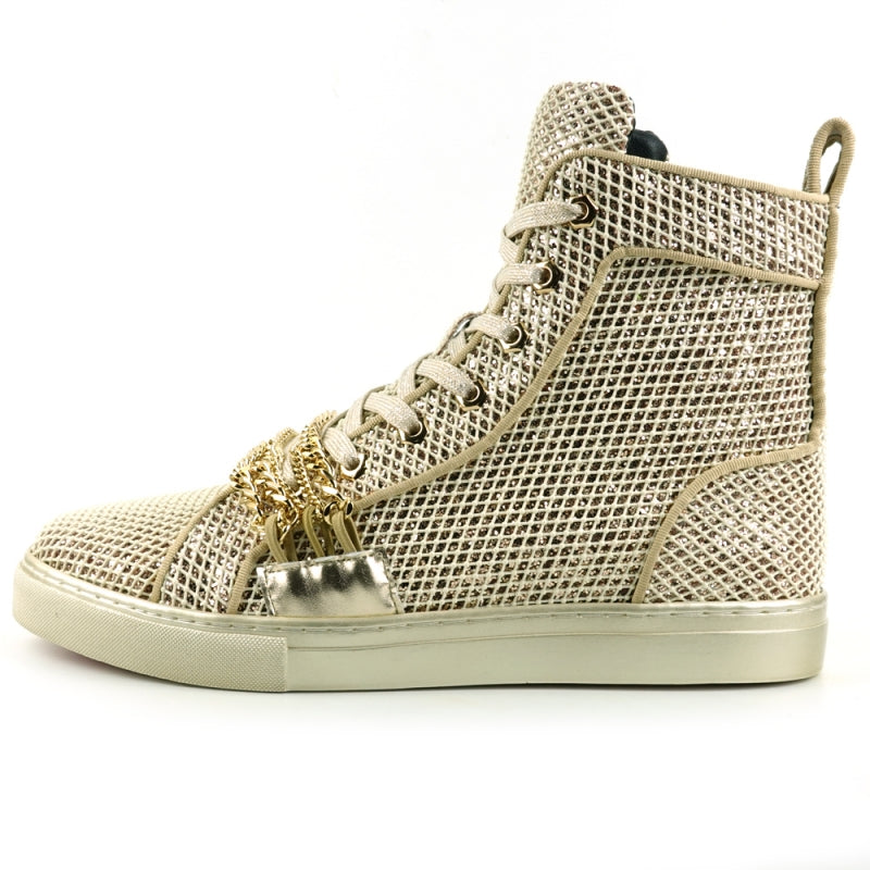 The FI-2410 White Gold Chain High Top Sneaker Encore by Fiesso offers a textured mesh surface in light beige, adorned with elegant gold chain accents across the front and equipped with a cushioned insole for enhanced comfort.