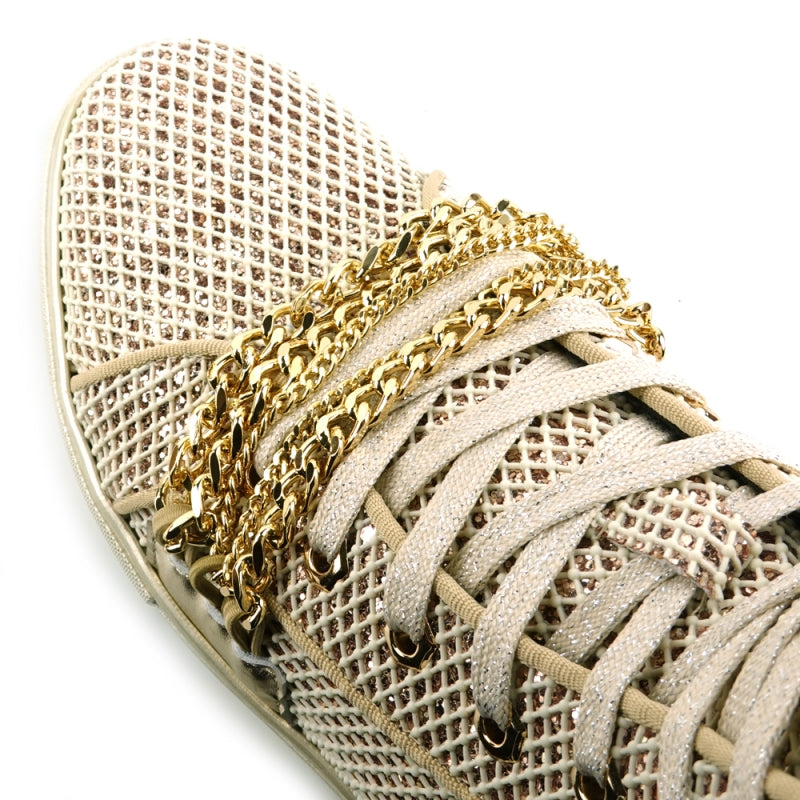 The FI-2410 White Gold Chain High Top Sneaker Encore by Fiesso offers a textured mesh surface in light beige, adorned with elegant gold chain accents across the front and equipped with a cushioned insole for enhanced comfort.