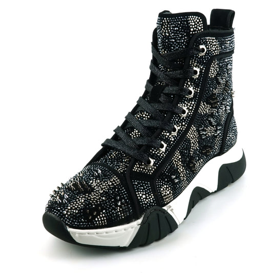 Introducing the FI-2412 Black Suede Rhinestones Spikes Encore by Fiesso, a high-top sneaker featuring a luxurious suede upper embellished with silver spikes, rhinestones, and detailed designs. It boasts a chunky white sole and a cushioned insole for enhanced comfort.