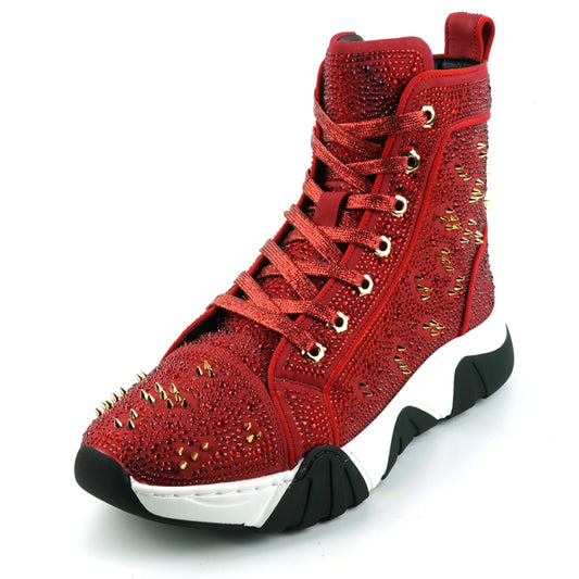 The FI-2412 Red Suede Rhinestones Spikes Encore by Fiesso is a men's casual high-top sneaker that boasts a vibrant red suede upper embellished with gold spikes and rhinestones, all set atop a chunky white and black sole. It comes with a cushioned insole to provide comfort with every step.