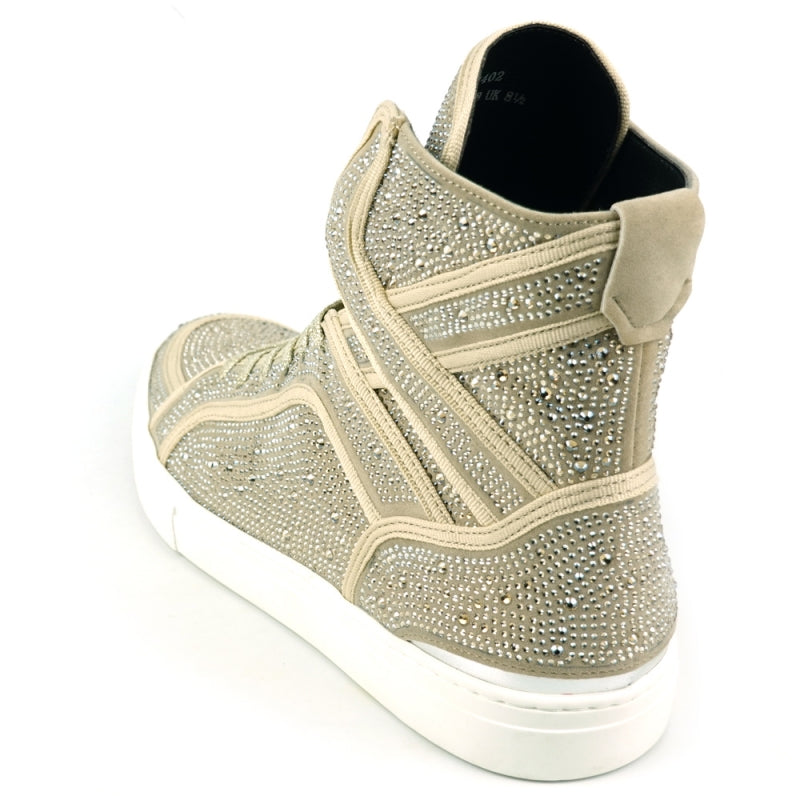 The Fiesso FI-2402 Gold Rhinestones High Top Sneakers feature a beige leather upper adorned with rhinestones, white laces, a thick white sole, and a cushioned insole for enhanced comfort.