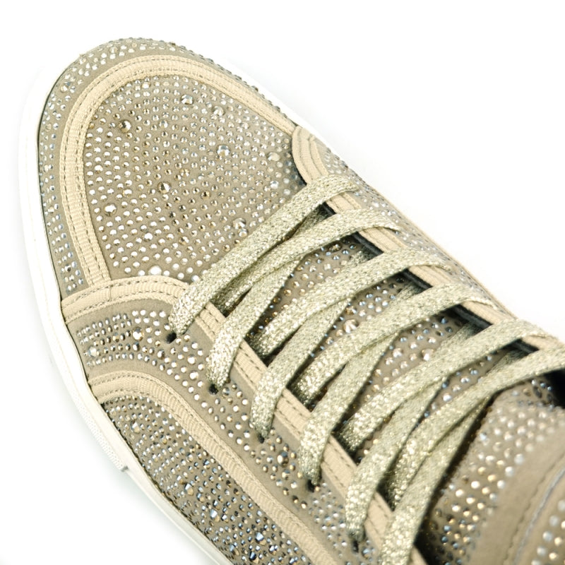 The Fiesso FI-2402 Gold Rhinestones High Top Sneakers feature a beige leather upper adorned with rhinestones, white laces, a thick white sole, and a cushioned insole for enhanced comfort.