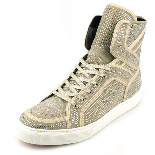 The Fiesso FI-2402 Gold Rhinestones High Top Sneakers feature a beige leather upper adorned with rhinestones, white laces, a thick white sole, and a cushioned insole for enhanced comfort.