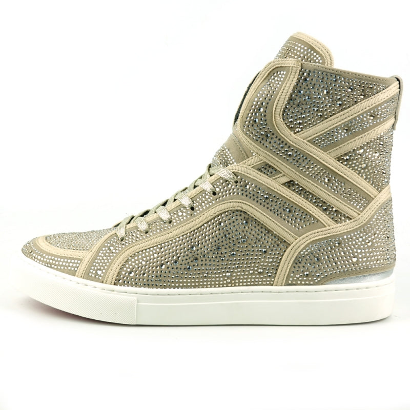 The Fiesso FI-2402 Gold Rhinestones High Top Sneakers feature a beige leather upper adorned with rhinestones, white laces, a thick white sole, and a cushioned insole for enhanced comfort.