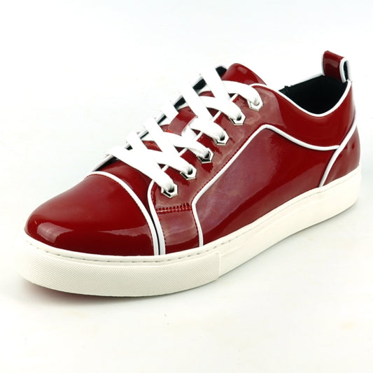 FI-2415 Red Patent Leather Sneaker by Fiesso features a cushioned insole, white laces, and sole, with a sleek white trim along the edges.