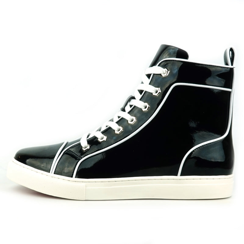 The FI-2416 high-top sneaker by Fiesso features sleek black patent leather, eye-catching white laces, and a clean white sole, all captured in a side view.