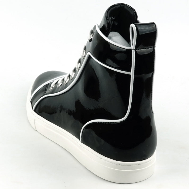 The FI-2416 high-top sneaker by Fiesso features sleek black patent leather, eye-catching white laces, and a clean white sole, all captured in a side view.