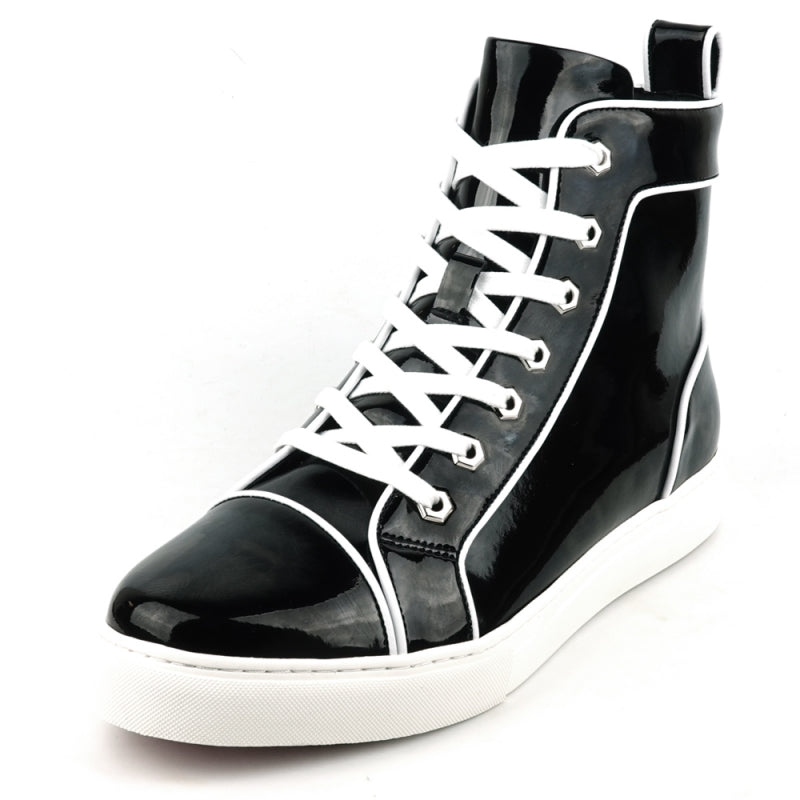 The FI-2416 high-top sneaker by Fiesso features sleek black patent leather, eye-catching white laces, and a clean white sole, all captured in a side view.