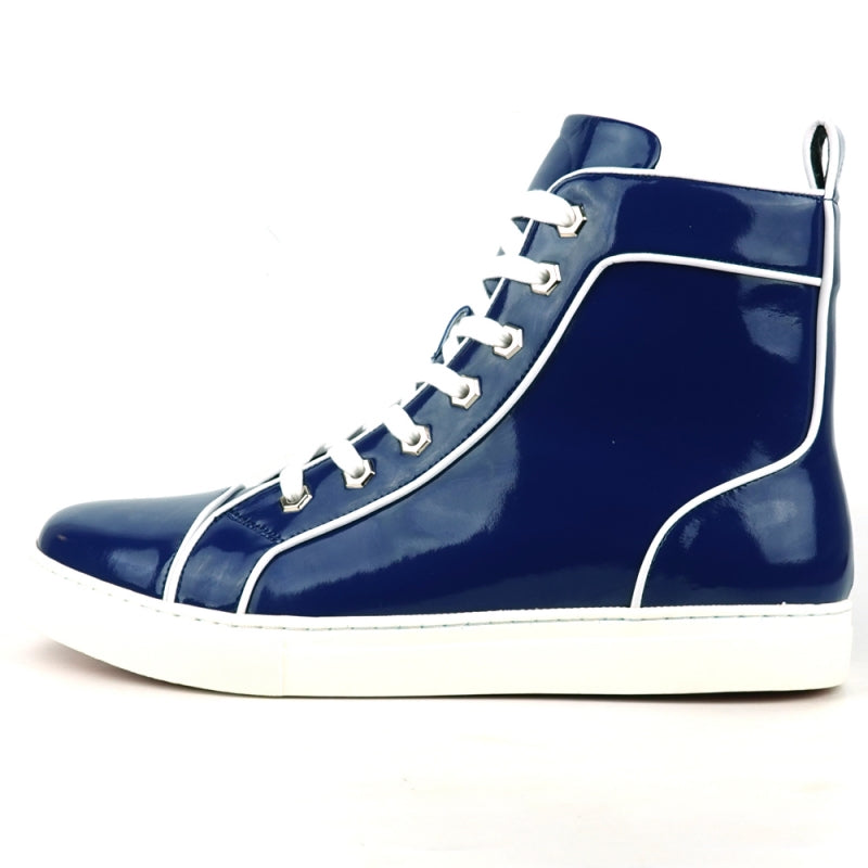 Fiesso's FI-2416 Navy Patent Leather High Top Sneaker, featuring white accents and laces, is elegantly displayed against a white background.