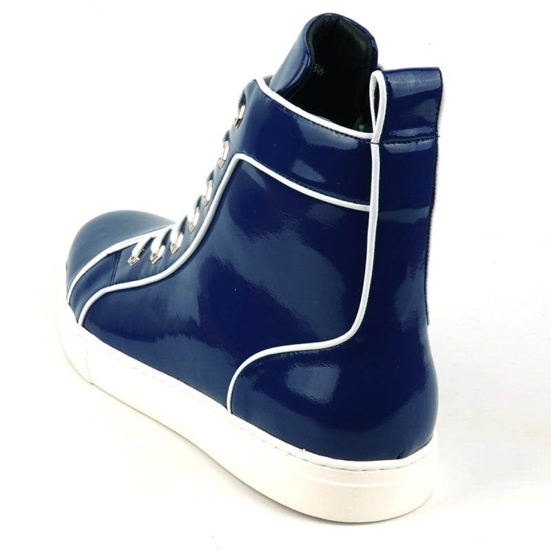 Fiesso's FI-2416 Navy Patent Leather High Top Sneaker, featuring white accents and laces, is elegantly displayed against a white background.