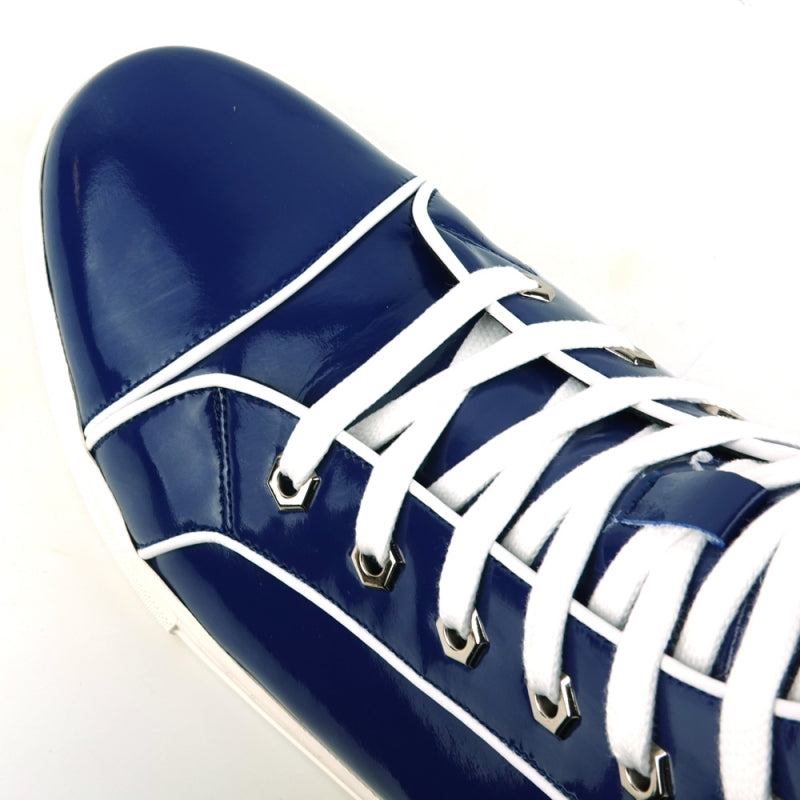 Fiesso's FI-2416 Navy Patent Leather High Top Sneaker, featuring white accents and laces, is elegantly displayed against a white background.