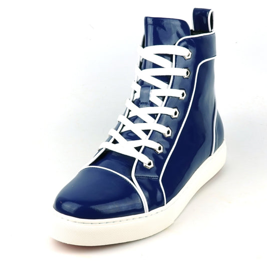 Fiesso's FI-2416 Navy Patent Leather High Top Sneaker, featuring white accents and laces, is elegantly displayed against a white background.