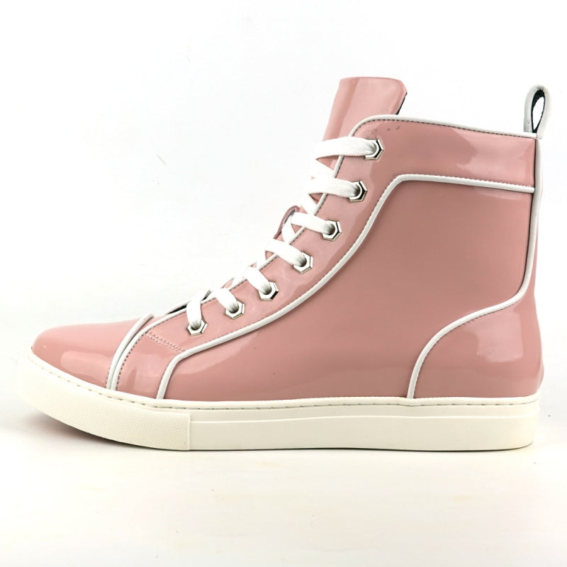 A FI-2416 Pink Patent Leather High Top Sneaker by Fiesso, featuring a cushioned insole, white laces, and a white sole on a plain background.