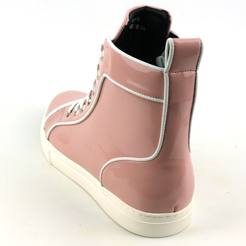 A FI-2416 Pink Patent Leather High Top Sneaker by Fiesso, featuring a cushioned insole, white laces, and a white sole on a plain background.