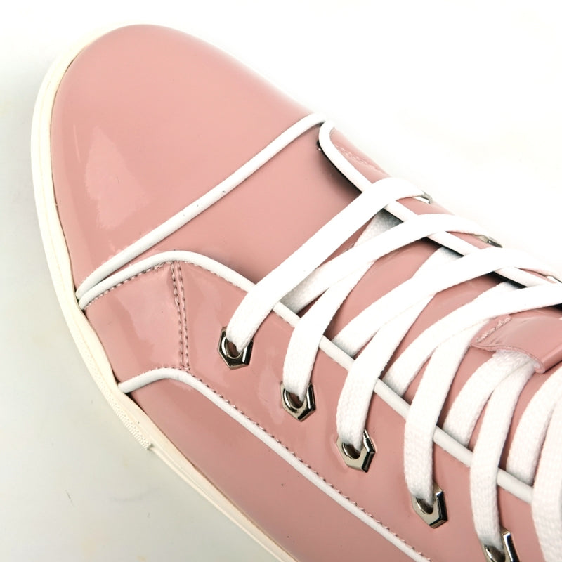 A FI-2416 Pink Patent Leather High Top Sneaker by Fiesso, featuring a cushioned insole, white laces, and a white sole on a plain background.