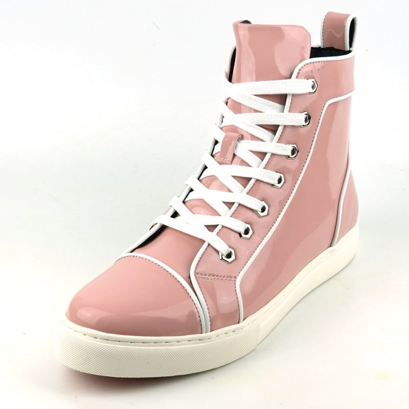 A FI-2416 Pink Patent Leather High Top Sneaker by Fiesso, featuring a cushioned insole, white laces, and a white sole on a plain background.